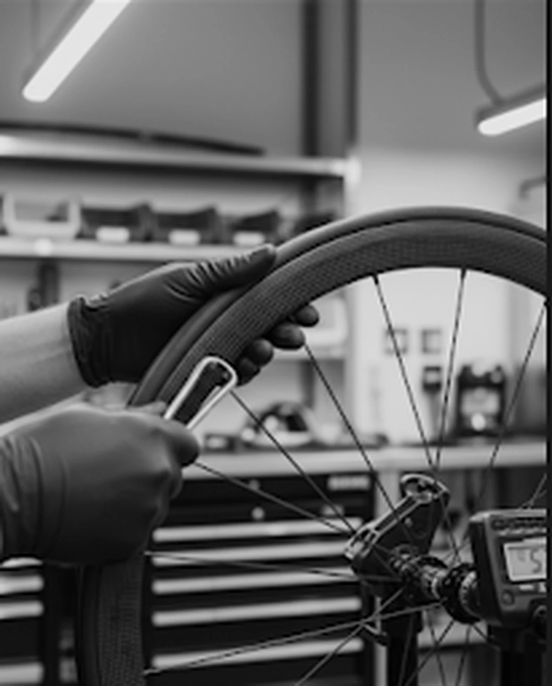 Carbon bicycle wheel in a cycling workshop
